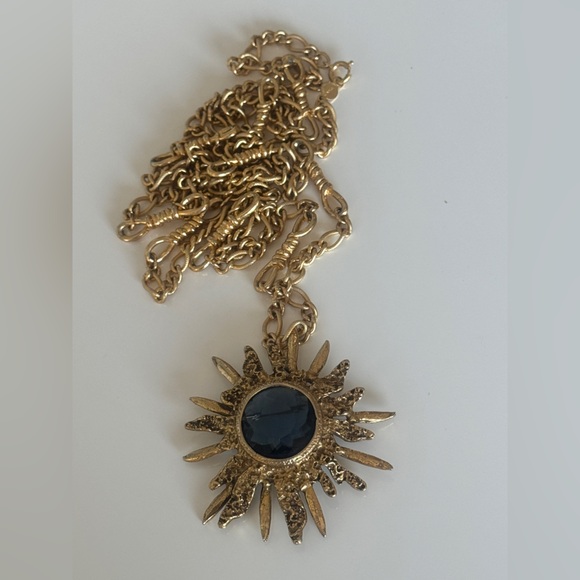 VINTAGE ACCESSOCRAFT NYC PENDANT BLUE GLASS STARBURST NECKLACE MIDCENTURY MINT - Picture 3 of 9